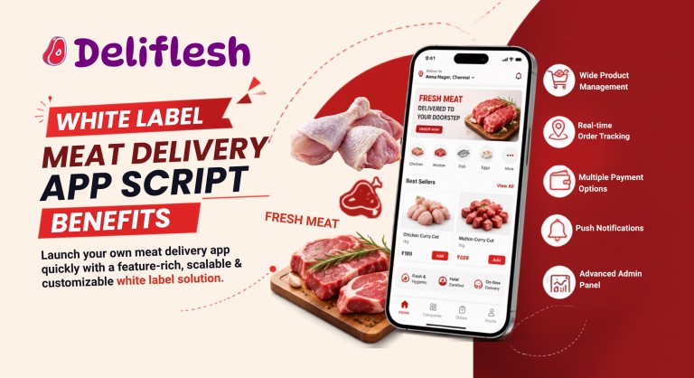 banner displaying white label meat delivery app script with mobile phone order dashboard with meat images.