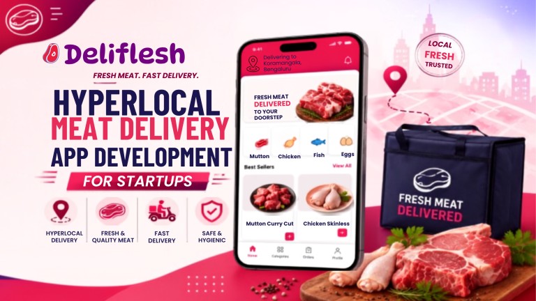 Hyperlocal meat delivery app development banner with mobile app, fresh meat, and delivery bag.