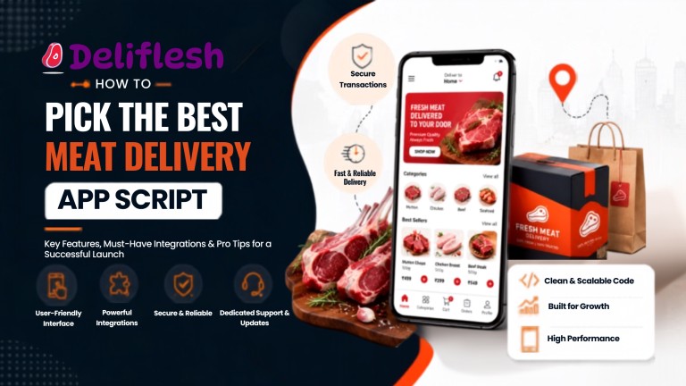 How to Pick the Best Meat Delivery App Script banner with meat delivery app interface and fresh meat delivery concept.
