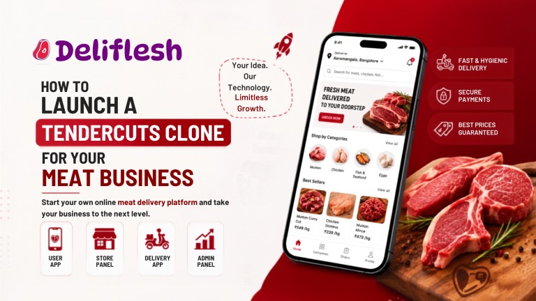 TenderCuts Clone App banner for launching an online meat delivery business with a mobile app, delivery features, and fresh meat products.