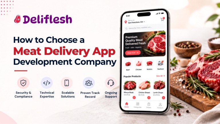 Blog banner for a meat delivery app development company, featuring a single smartphone displaying a premium meat delivery app alongside fresh steak, herbs, and spices on a bright background.
